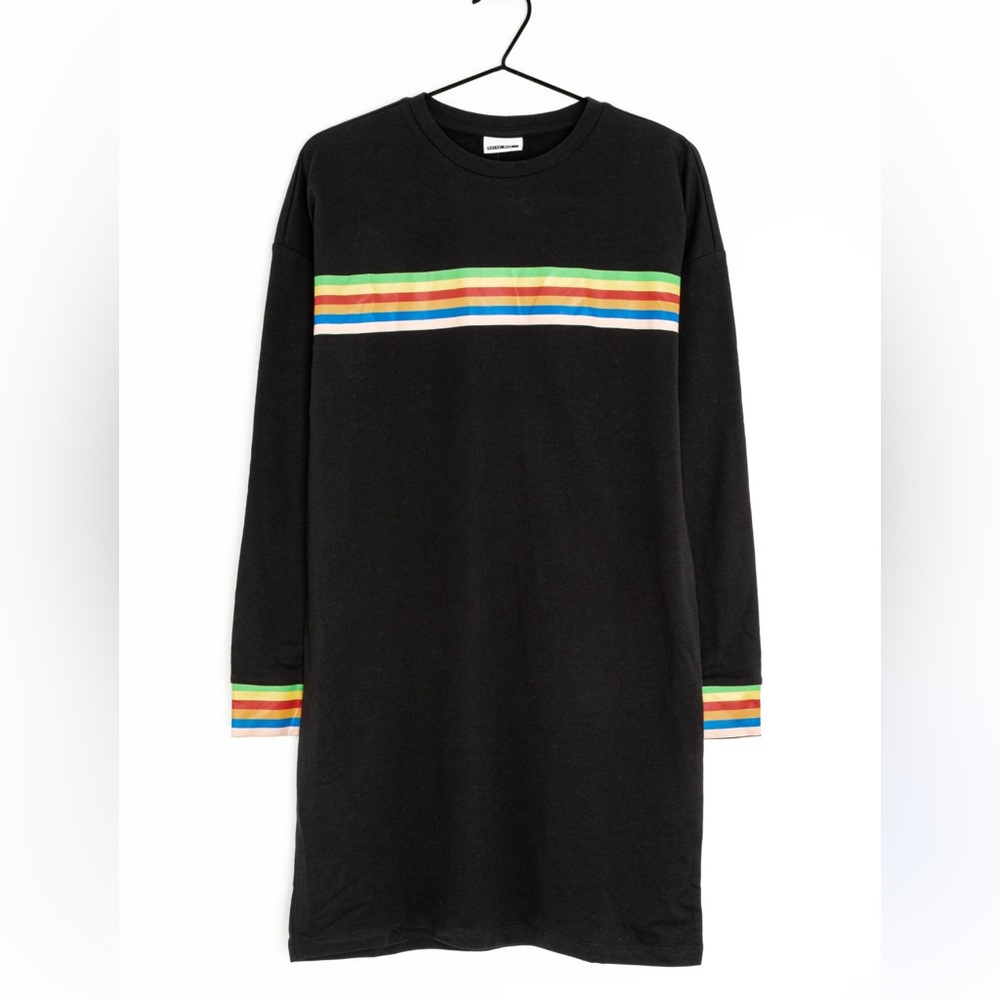 Noisy May Black Long Sleeve Tunic Dress Rainbow Stripe Accents‎ Casual Size M